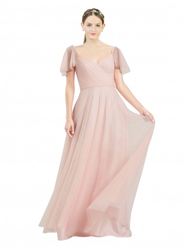 Tulle V-Neck Flutter Sleeves Long Formal Dress / Bridesmaid Dress Essex