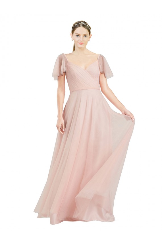 Tulle V-Neck Flutter Sleeves Long Formal Dress / Bridesmaid Dress Essex