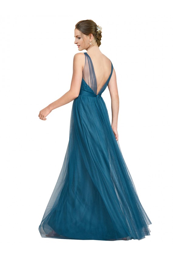 Tulle V-Neck Sleeveless V-Back Long Bridesmaid Dress Essex
