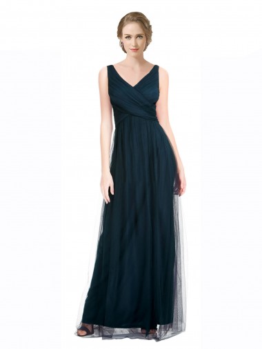 Tulle V-Neck Sleeveless Blue Long Bridesmaid Dress Essex