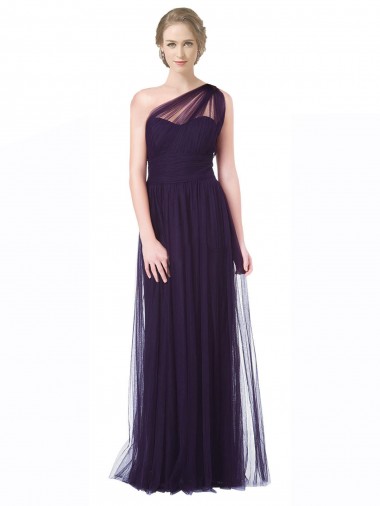 Tulle One Shoulder Sleeveless Plum Long Bridesmaid Dress Essex