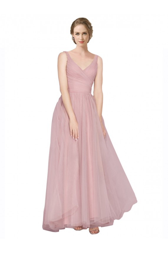 Tulle V-Neck Sleeveless V-Back Pink Long Bridesmaid Dress Essex