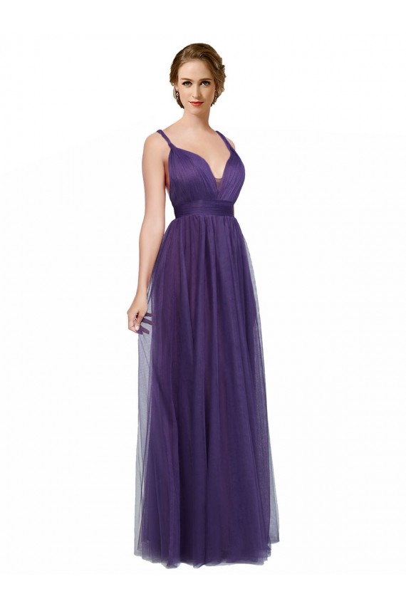 Tulle Spaghetti Straps Sleeveless Low Back Long Bridesmaid Dress Essex