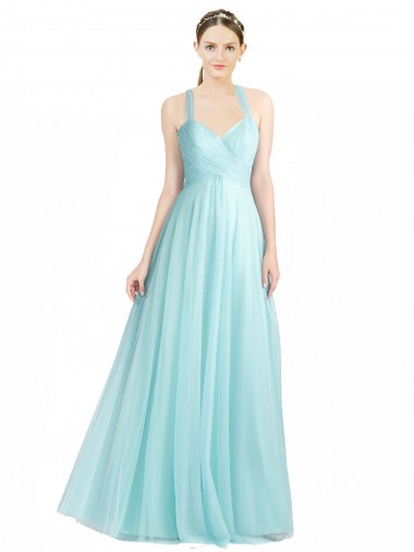 Tulle Spaghetti Straps Sleeveless Low Back Mint Green Long Bridesmaid Dress Essex
