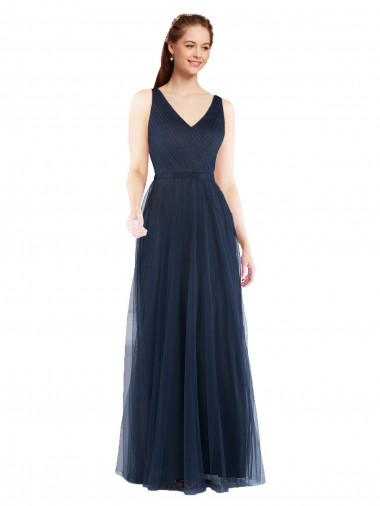 Tulle V-Neck Sleeveless V-Back Dark Navy Long Bridesmaid Dress Essex