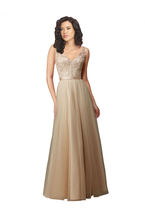 Tulle & Lace V-Neck Sleeveless V-Back Long Bridesmaid Dress Essex