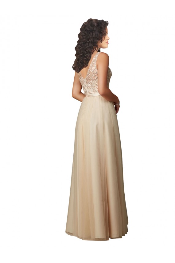 Tulle & Lace V-Neck Sleeveless V-Back Long Bridesmaid Dress Essex