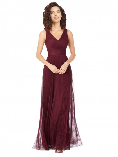 Tulle V-Neck Sleeveless Burgundy Gold Long Bridesmaid Dress Essex