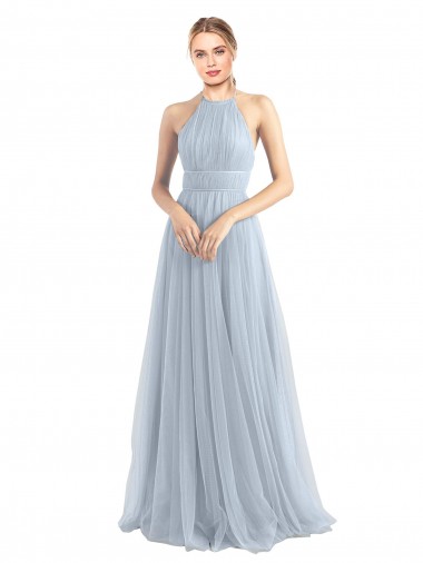 Tulle Halter Neck Sleeveless Open Back Light Sky Blue Long Bridesmaid Dress Essex