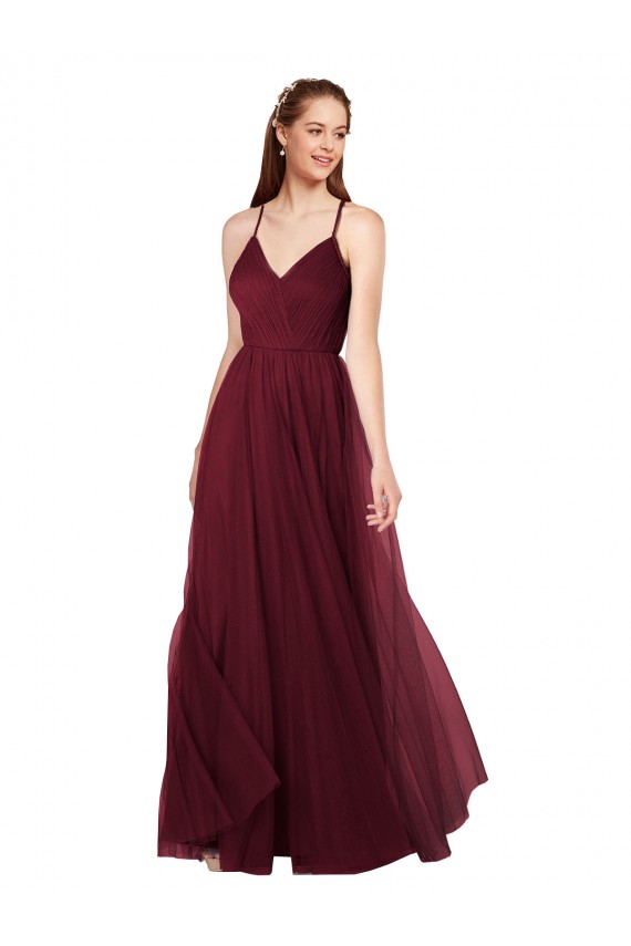 Tulle Spaghetti Straps Sleeveless Keyhole Back Long Bridesmaid Dress Essex