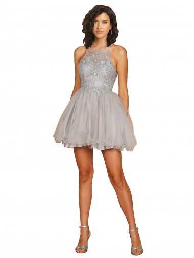 Tulle Halter Neck Sleeveless Open Back Short Bridesmaid Dress Essex