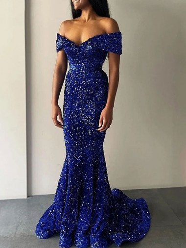 Velvet Sequin Off the Shoulder Sleeveless Sweep Train Prom Dresses Essex
