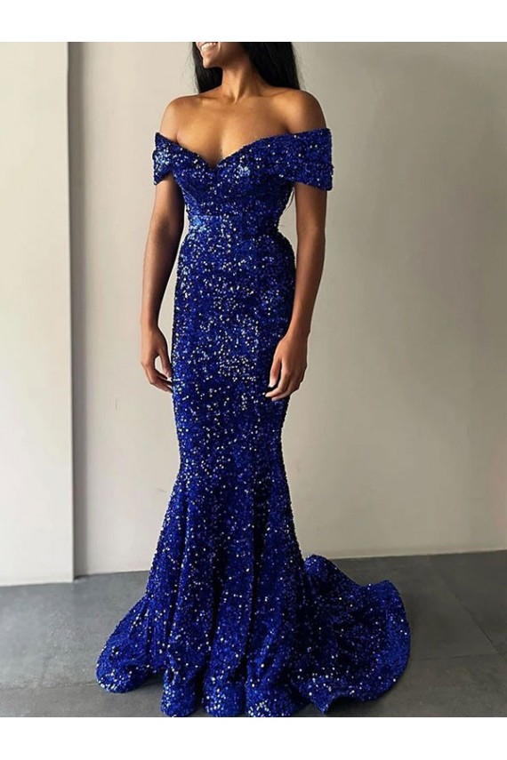 Velvet Sequin Off the Shoulder Sleeveless Sweep Train Prom Dresses Essex