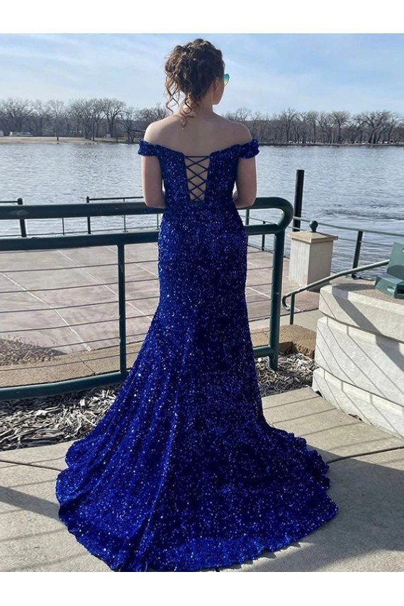 Velvet Sequin Off the Shoulder Sleeveless Sweep Train Prom Dress Essex
