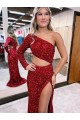 Velvet Sequin One Shoulder Long Sleeves Sweep Train Evening Dress Essex