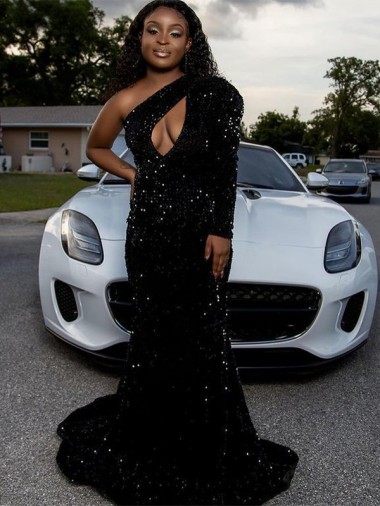 Velvet Sequin One Shoulder Long Sleeves Sweep Train Prom Dress Essex