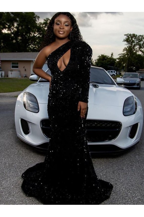 Velvet Sequin One Shoulder Long Sleeves Sweep Train Prom Dress Essex