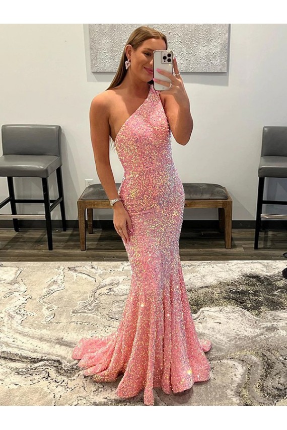 Velvet Sequin One Shoulder Sleeveless Sweep Train Prom Dress Essex