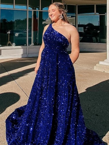 Velvet Sequin One Shoulder Sleeveless Sweep Train Prom Dress / Evening Gown Essex