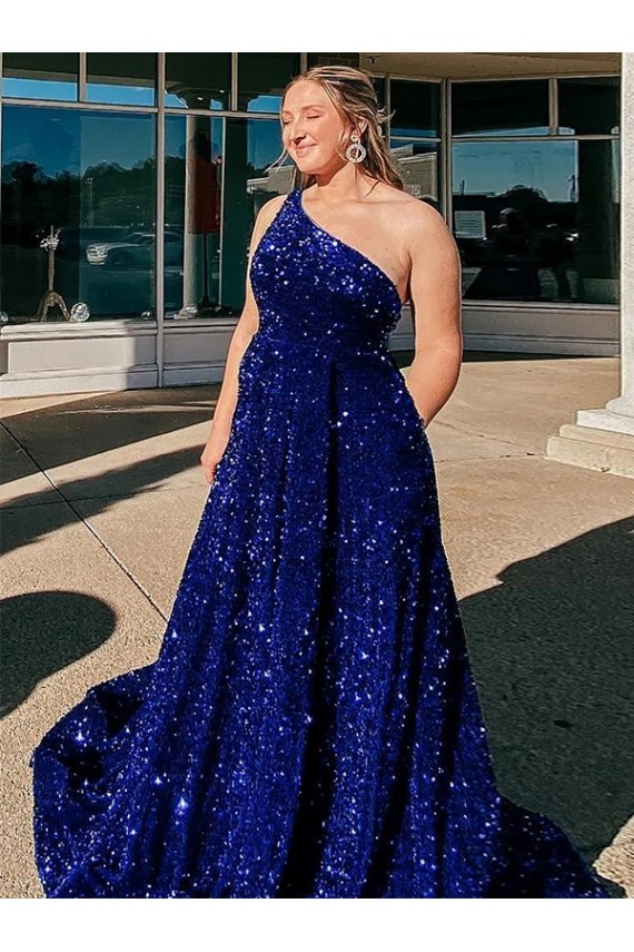 Velvet Sequin One Shoulder Sleeveless Sweep Train Prom Dress / Evening Gown Essex