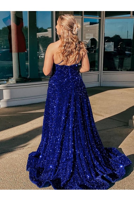 Velvet Sequin One Shoulder Sleeveless Sweep Train Prom Dress / Evening Gown Essex