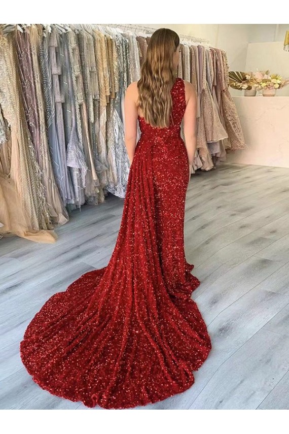 Velvet Sequin One Shoulder Sleeveless Court Train Prom Dress Essex