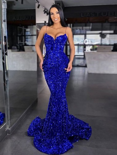 Velvet Sequin Spaghetti Straps Sleeveless Mermaid Sweep Train Evening Gown / Prom Dress Essex