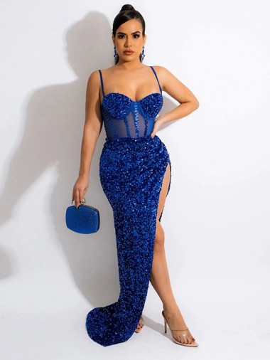 Velvet Sequin Spaghetti Straps Sleeveless Royal Blue Sweep Train Evening Dress Essex