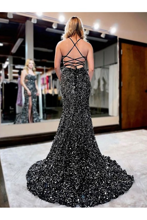 Velvet Sequin Spaghetti Straps Sleeveless Sweep Train Prom Dress Essex