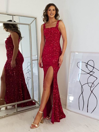 Velvet Sequin Square Neck Sleeveless Long Prom Dress Essex