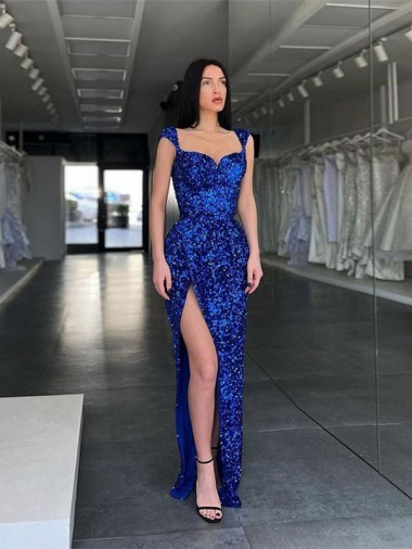 Velvet Sequin Spaghetti Straps Sleeveless Royal Blue Sweep Train Evening Gown / Prom Dress Essex