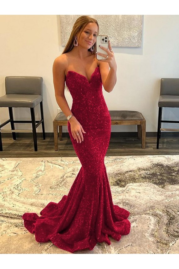 Velvet Sequin Sweetheart Sleeveless Burgundy Sweep Train Prom Dress Essex