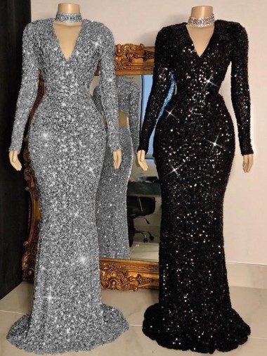 Velvet Sequin V-Neck Long Sleeves Sweep Train Prom Dress Essex