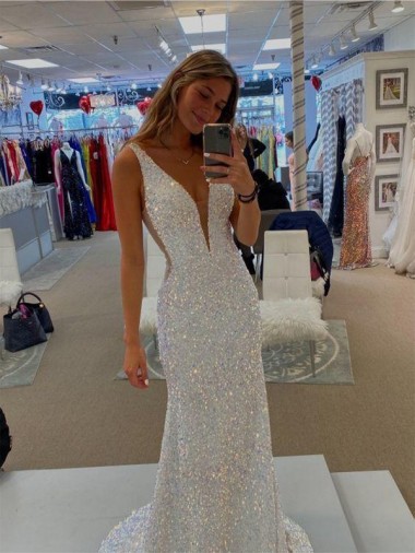 Velvet Sequin V-Neck Sleeveless Sweep Train Prom Dresses Essex
