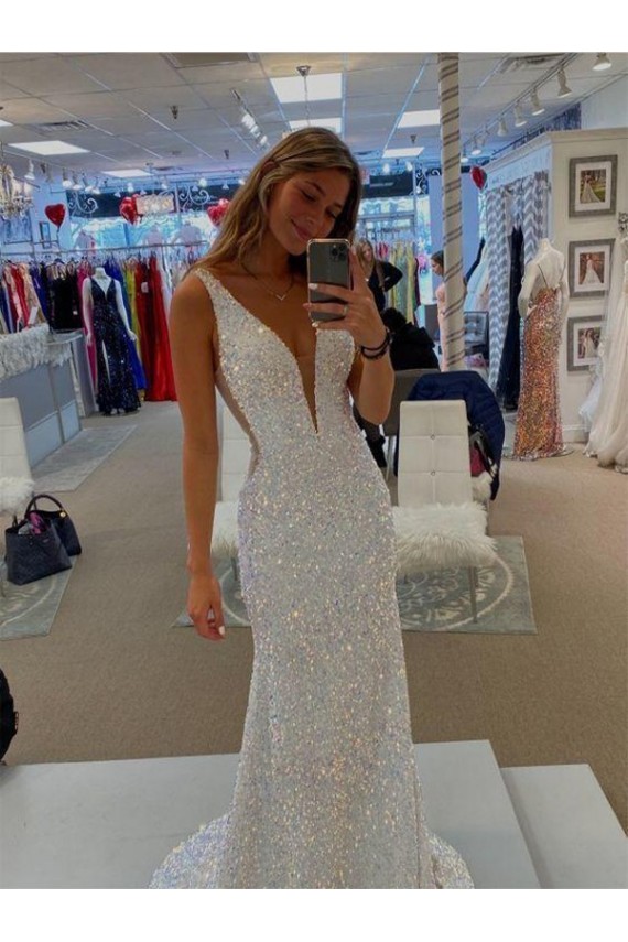 Velvet Sequin V-Neck Sleeveless Sweep Train Prom Dresses Essex