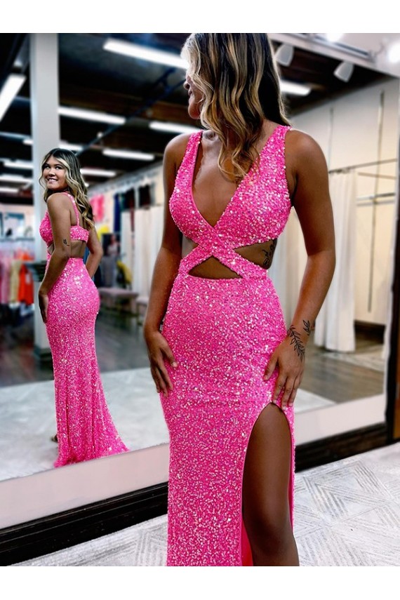 Velvet Sequin V-Neck Sleeveless Long Sweep Train Evening Dress Essex