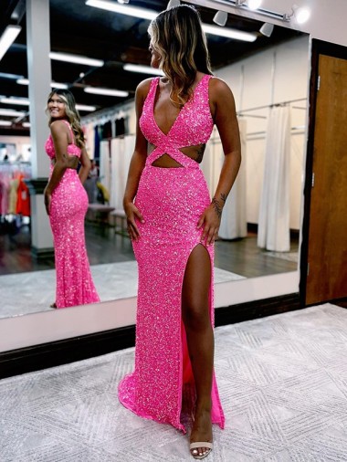 Velvet Sequin V-Neck Sleeveless Long Sweep Train Evening Dress Essex
