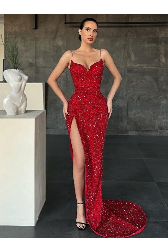 Velvet Sequin V-Neck Sleeveless Red Sweep Train Evening Gown / Prom Dress Essex