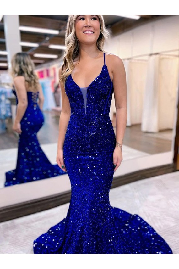 Velvet Sequin V-Neck Sleeveless Court Train Prom Dress Essex