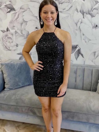 Velvet Sequin Halter Neck Sleeveless Short Prom Dress Essex