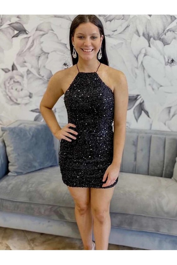 Velvet Sequin Halter Neck Sleeveless Short Prom Dress Essex