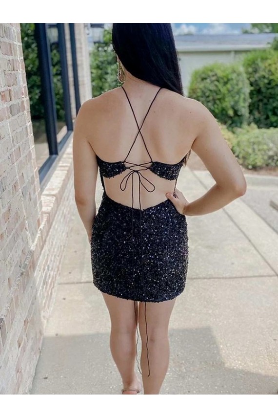 Velvet Sequin Halter Neck Sleeveless Short Prom Dress Essex