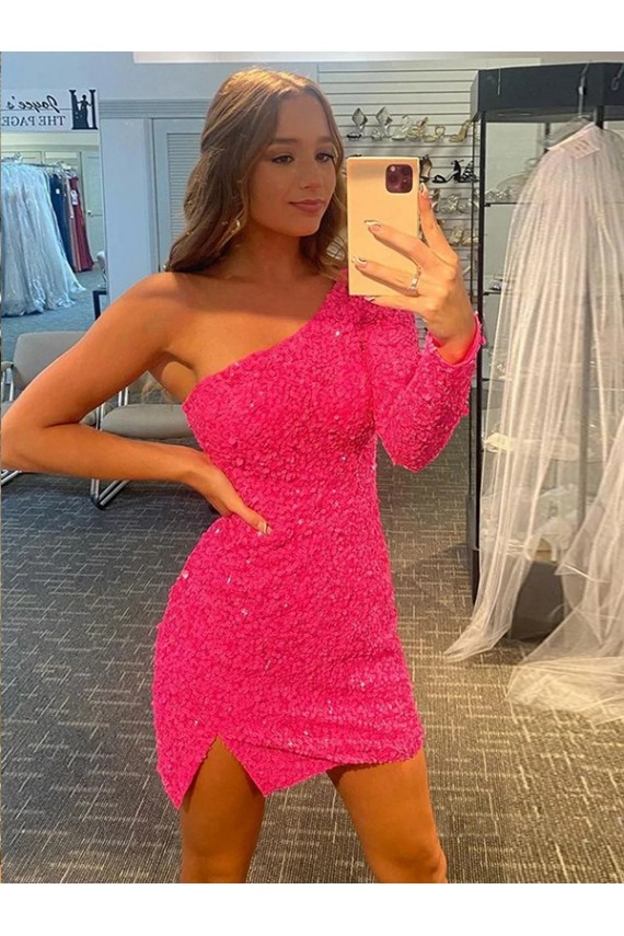 Velvet Sequin One Shoulder Long Sleeves Short Prom Dress / Evening Dress Essex