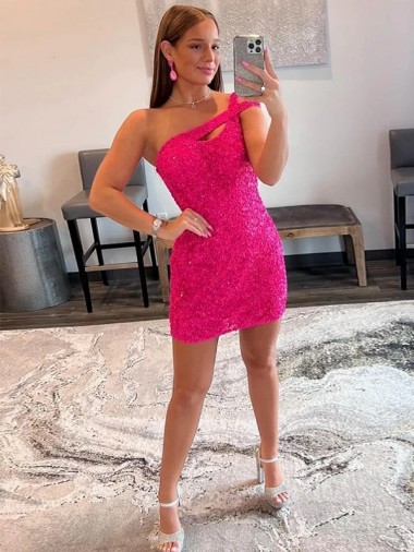 Velvet Sequin One Shoulder Sleeveless Fuchsia Short Prom Dresses Essex