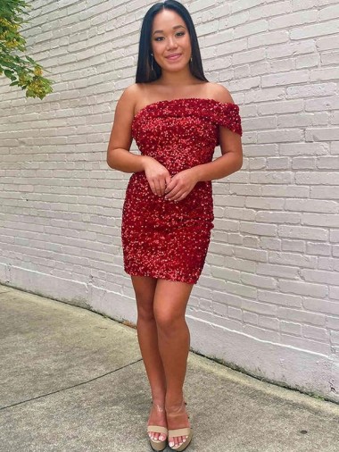 Velvet Sequin One Shoulder Sleeveless Short Prom Dress Essex