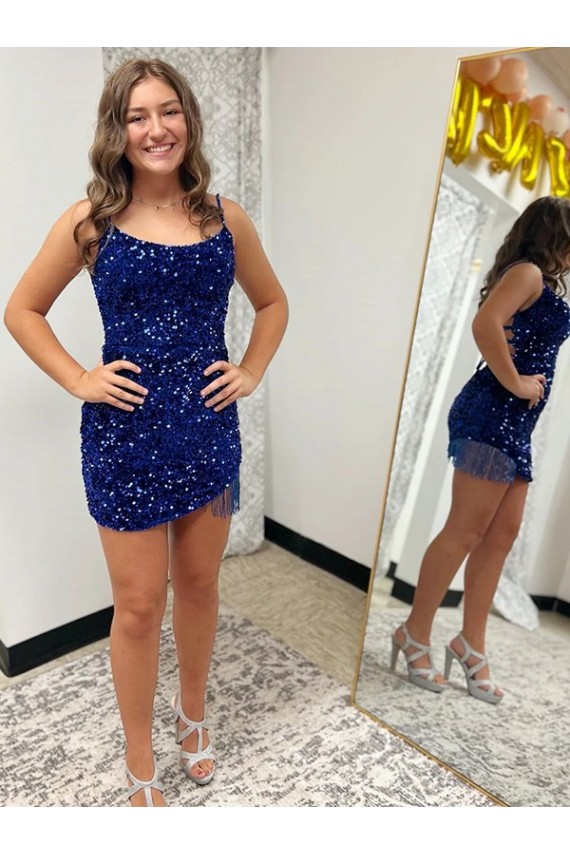 Velvet Sequin Spaghetti Straps Sleeveless Royal Blue Short Prom Dress Essex
