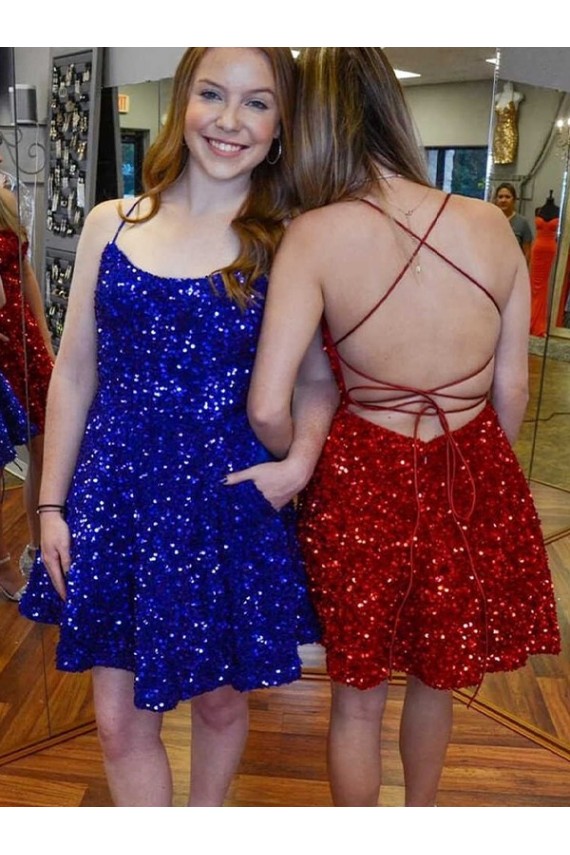 Velvet Sequin Spaghetti Straps Sleeveless A-Line Short Prom Dress Essex
