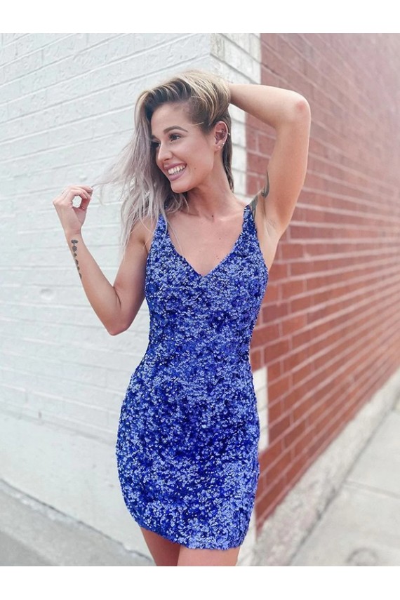 Velvet Sequin V-Neck Sleeveless Short Evening Dress Essex