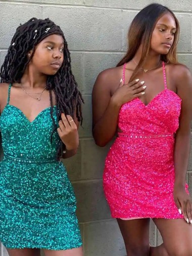Velvet Sequin V-Neck Sleeveless Short Prom Dress Essex