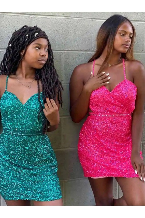 Velvet Sequin V-Neck Sleeveless Short Prom Dress Essex